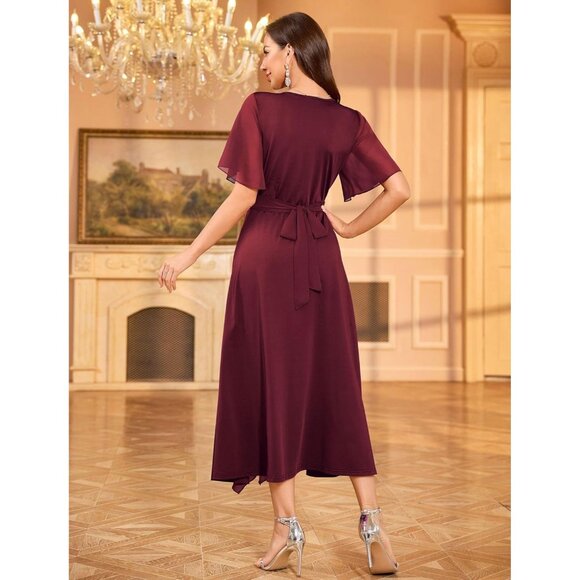 Zaful Womens Burgundy V Neck Flared Sleeve Split Semi Formal Modest Gowns - Picture 3 of 6